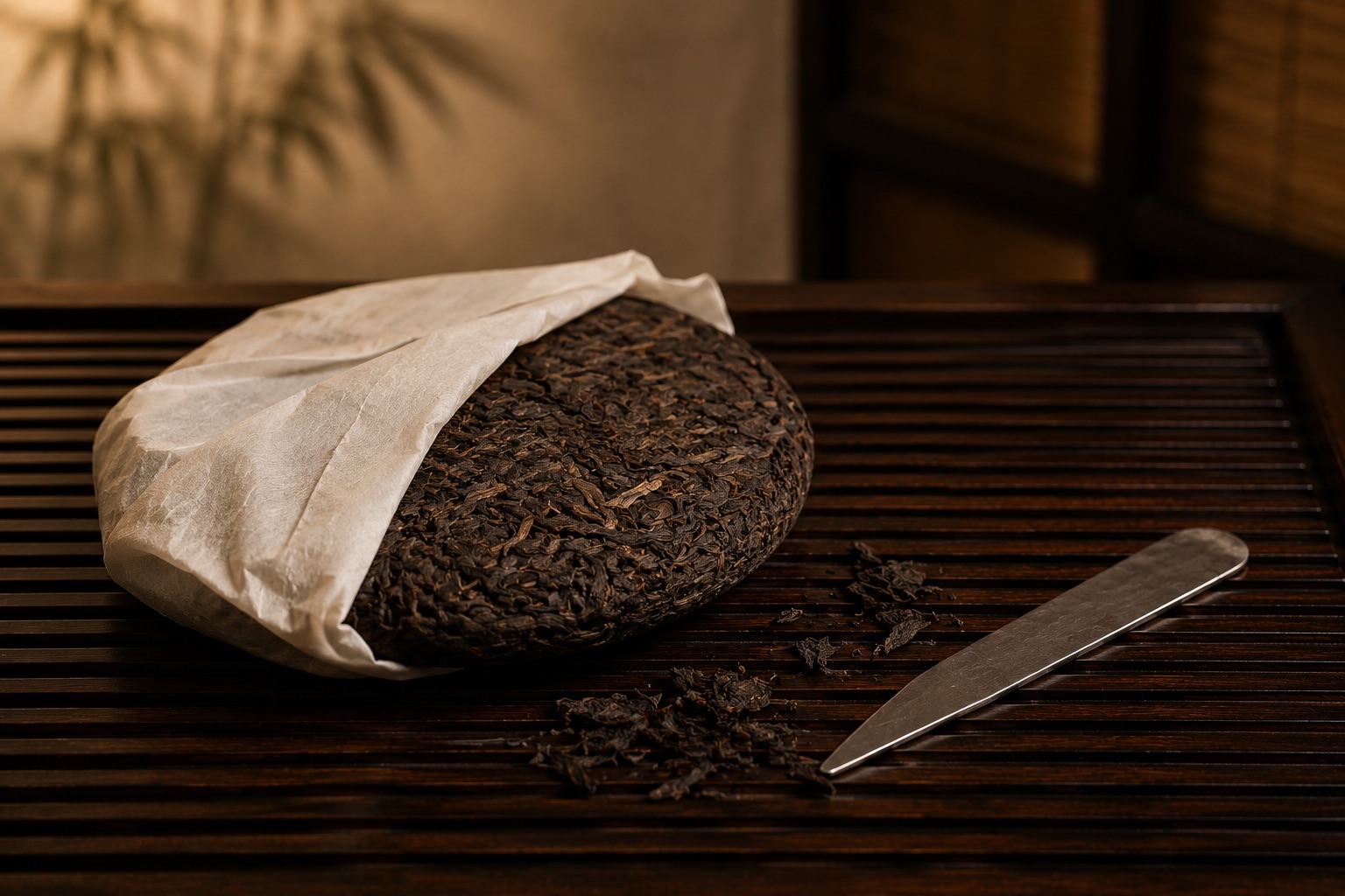 拆開棉紙的普洱茶餅與茶刀