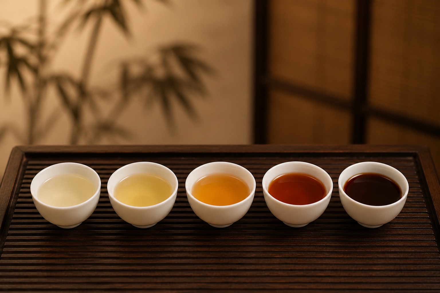 五杯不同湯色的中國茶樣